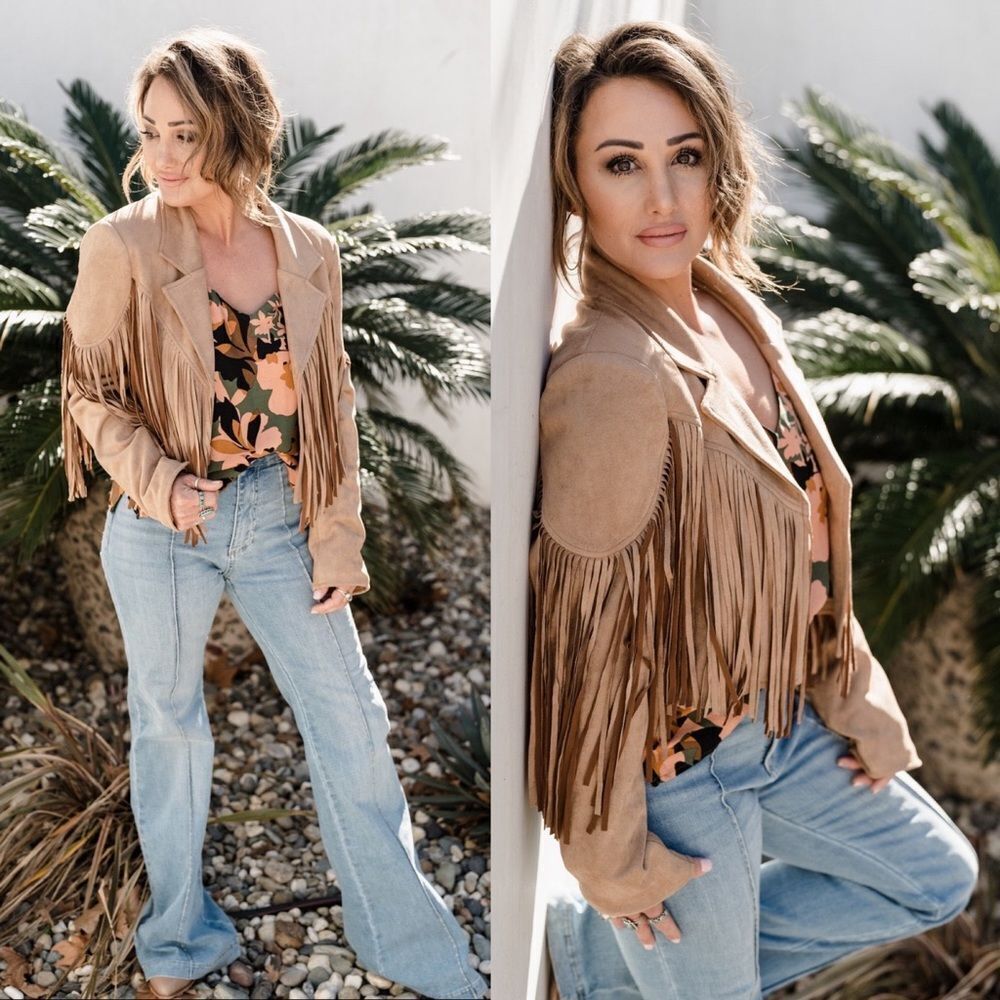 Fringe taupe tan jacket western Yellowstone boho style S M L Montana country